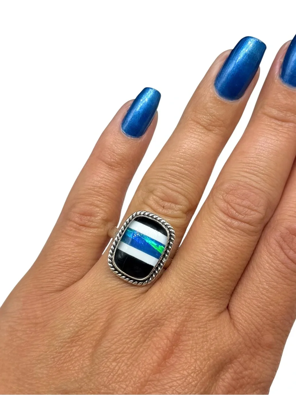 Aurora Fire Opal Black Onyx Striped Ring Size 9 Solid 925 Sterling Silver Blue
